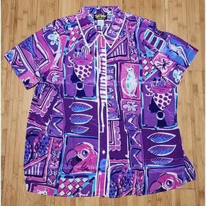 Bob Mackie Wearable Art Silk Shirt Purple Pink Cat Parrot Monkey Print 1X PLUS